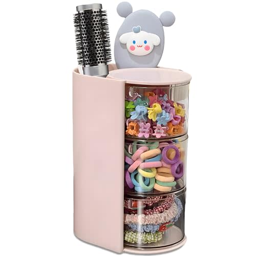 Azurphoric Hair Accessories Organizer with Hair Brush Holder, Rotatable Makeup Brush Holder for Necklaces, Earring, Bracelet, Ring, Makeup Brushes, Hair Clip and Hair Accessories (Pink, 3-Layer)