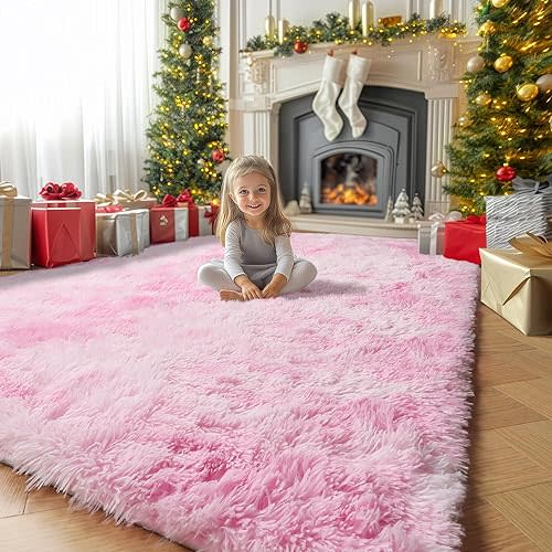 Amdrebio Tie-Dyed Pink and White Rug 5x8 for Girls Bedroom, Soft Area Rugs for Kids Room, Cute Fluffy Fuzzy Princess Rugs for Playroom Dorm, Furry Shaggy Carpet for Baby Nursery, Preppy Room Decor