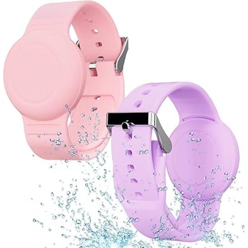 Waterproof Air Tag Bracelet for Kids(2 Pack), Soft Silicone Air Tag Hidden Wristband Kids, Lightweight GPS Tracker Compatible with Apple AirTag Watch Band for Child (Purple & Pink)