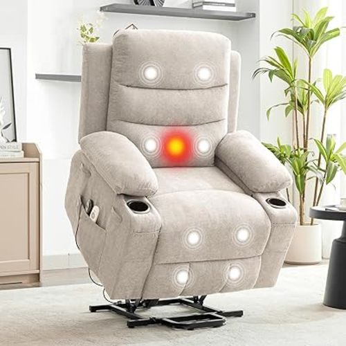 GarveeHome Power Lift Recliner Chair, Oversize Electric Recliners for Elderly with Heat and Massage, Stand Assist with Cup Holders, Side Pocket, Single Sofa Seat for Living Room, White