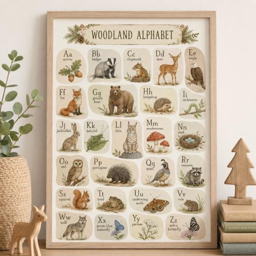 Woodland Alphabet Wall Art, Educational ABC Animal Poster, Vintage Nursery Print, Forest Animal Educational Print