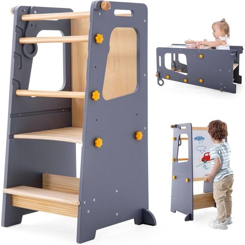 4 in 1 Toddler Kitchen Tower, Kids Kitchen Stool Helper, Standing Tower with Convertible Table and Chair, Toddler Step Stool with Adjustable-Height,Whiteboard and Safety Rail for Counter Sink (Gray)
