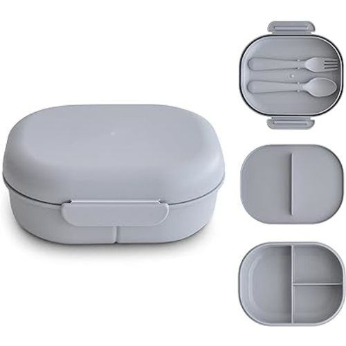 mushie Kids Bento Lunch Box | 3-Compartment & Removable Divider + Fork & Spoon Utensils | Great For Meals, School, Snacks On-the-Go | Dishwasher Safe (Cloud)