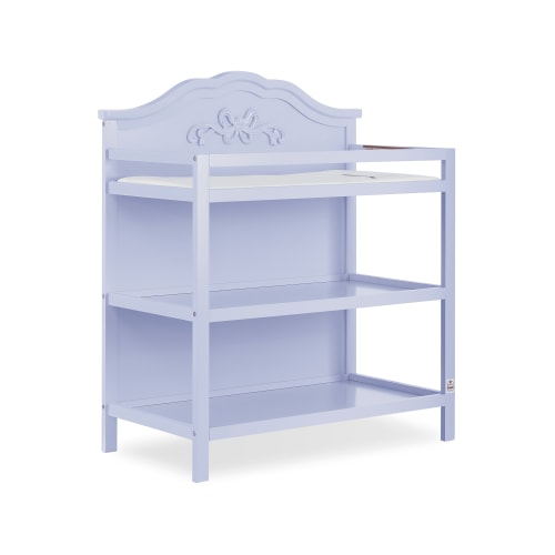 Dream On Me Jasmine Changing Table with Fixed Shelves, Lavender Ice, 1" Mattress Pad, Safety Strap