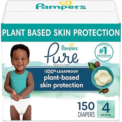 Pampers Pure Protection Diapers - Size 4, One Month Supply (150 Count), Hypoallergenic Premium Disposable Baby Diapers