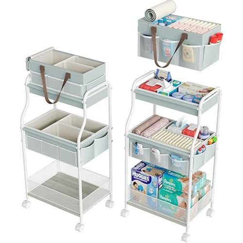 2 In1 Baby Diaper Caddy Organizer & Storage Cart, 3-Tier Rolling Diaper Organizers with Dividers and 12 Pockets,Durable Metal Utility Cart for Nursery, Bedroom,Baby Essentials Organization-Tidal Teal