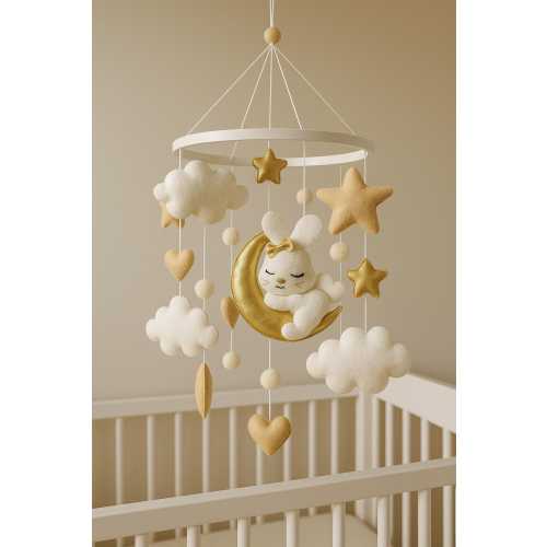 Handmade Cheerful Woodland Mobile Crib Flying Sleepy Rabbit Baby Room Accessory Mobile Felt Rabbit Sky Baby Mobile Hanging Star Neutral