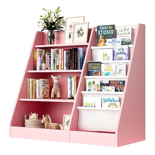 Pink 4-Tier Kids Wooden Bookshelf,5 Layer Sling Bookcase,Baby Storage Book Rack,Kids Book Toy Organizer Chest,Infant Toddler Front Facing Book Display,Playroom Classroom Nursery Church Bedroom