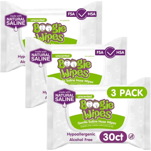 Saline Nose Wipes by Boogie, for Baby & Kids, Face, Hand & Body, FSA/HSA Eligible, Made with Vitamin E, Aloe, and Natural Saline, Unscented, 30 Count (Pack of 3)