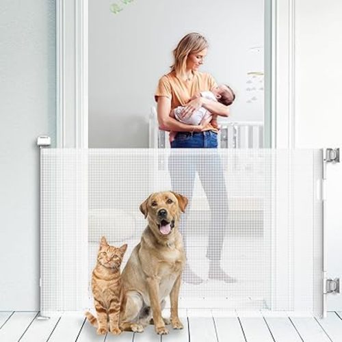 Upgraded Retractable Baby Gate for Stairs, 34"Tall Expands 71"Wide Ideal Safety Solution Dog Gate for Stairs Doorways Hallways Indoor Outdoor Mesh Baby Gate Retractable Screen Door(White,86CMx180CM)