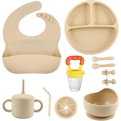 Silicone Baby Feeding Set, Baby Feeding Essentials, Baby Suction Bowl, Plates, Bib, Spoons set, Baby Led Weaning Supplies to Develop Self-feeding Skills, Dishwasher Safe (Beige)
