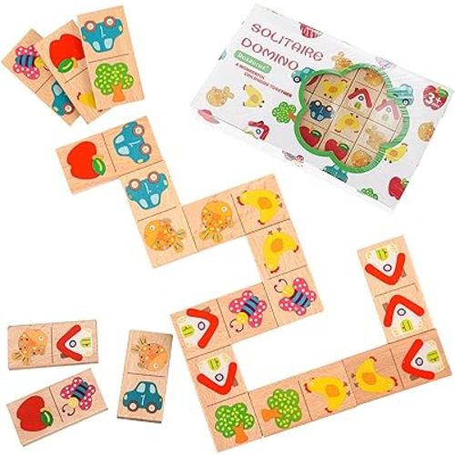28 Pcs Wooden Domino Puzzle Game - Multicolor Fruit & Animal Design, Educational Family Logic and Thinking Skill Development Toy, Montessori Toys, Matching & Learning Board Game, Gifts for Age 3+