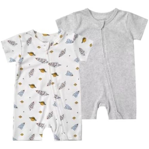Teach Leanbh Unisex Baby 2 Pack Pajamas Cotton Short Sleeve 2 Way Zipper Printing Soild Romper Jumpsuit Sleep and Play