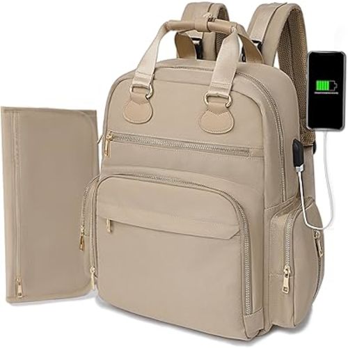 Diaper Backpack with 17 Pockets, Travel Baby Bag Backpack for Girl Boy, Large Diaper Bag with Changing Pad & USB Charging Port & Wet Dry Bag, Khaki