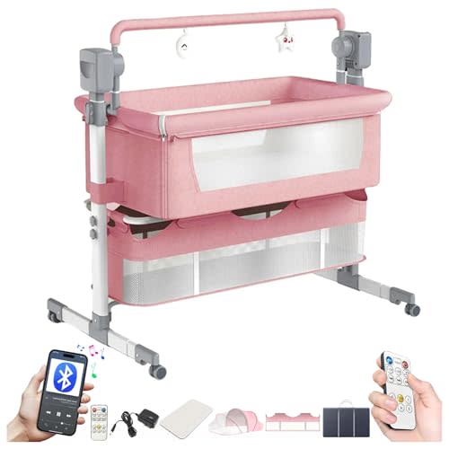 Suttonbebe Electric Bluetooth Smart Baby Bedside Crib, Bassinet for Co-Sleeping, Infant Bedside Sleeper Cot, Convertible Foldable Baby Crib with Remote Control, Music and 5 Swaying Gears (601 Pink)