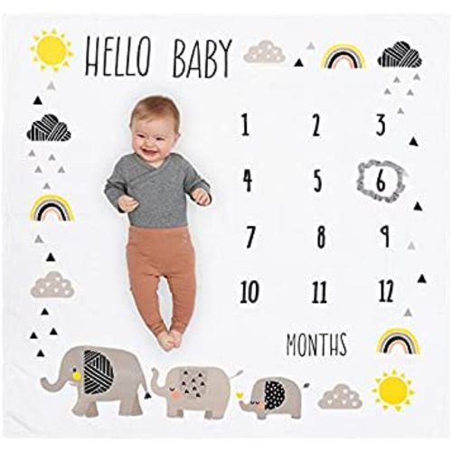 Pondering Pine Organic Baby Monthly Milestone Blanket - Elephant Milestone Blanket Baby Boy or Girl with Month Marker - Elephants Milestones Blanket, 1-12 Months, Hello Baby, 47" X 47"