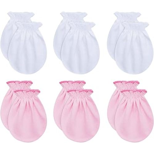 RATIVE Newborn Baby Cotton Gloves No Scratch Mittens for 0-6 Months Boys Girls - 3white+3pink