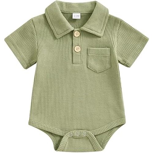 School Baby Boy Clothes Knit Shirt Romper Solid Color Button Up Short Sleeve Collared Bodysuit Outfit