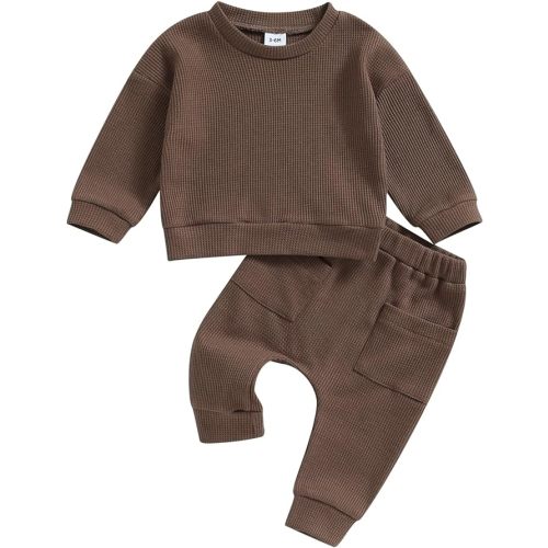 Infant Baby Waffle Fall Outfits Solid Color Long Sleeve Sweatshirt Tops Pants Set Winter Clothes for Boys Girls - 6-9 Months - A - Waffle Light Brown