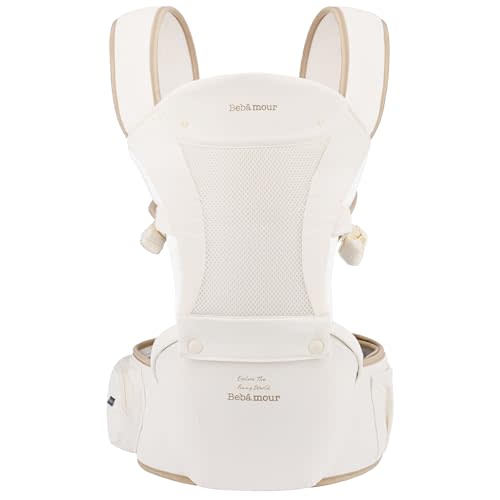 Bebamour Baby Carrier Safety-Certified Hip Seat Baby Carrier Newborn to Toddler Baby Hipseat 0-36Months with Head Hood, 3 PCS Teething Pads, Waist Extender & Storage Bag (New Khaki)