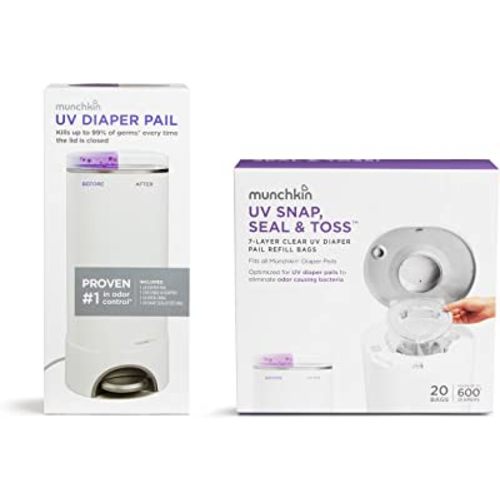 Munchkin UV Diaper Pail, Kills Odor-Causing Bacteria with Each Use with 20 Additional UV Snap, Seal & Toss Refills