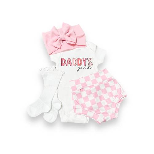 Daddy's Girl Baby Bummies Set, Father's Day Bummies and Bow Outfit, Pink Checker Newborn Baby girl Coming Home Outfit