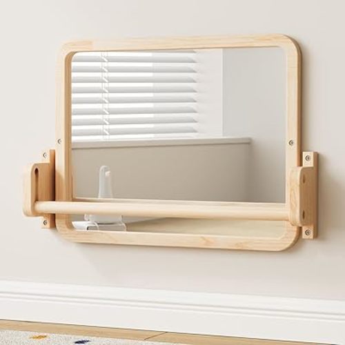Montessori Mirror with Bar, Baby Pull to Stand Toys, Natural Wooden Frame & Baby Pull Up Bar, Adjustable Infant Coordination Small Mirror, Montessori Furniture for Toddler 6-18 Months