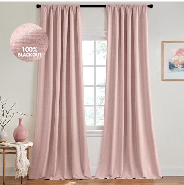 Amazon.com: MIULEE 100% Blackout Back Tab Pleat Linen Curtains 50" Wx90 L,Light Pink | 2 Panels,Thick Faux Linen,Textured Drapes,with Hooks,for Bedroom Living Room,Black Out,Room Darkening