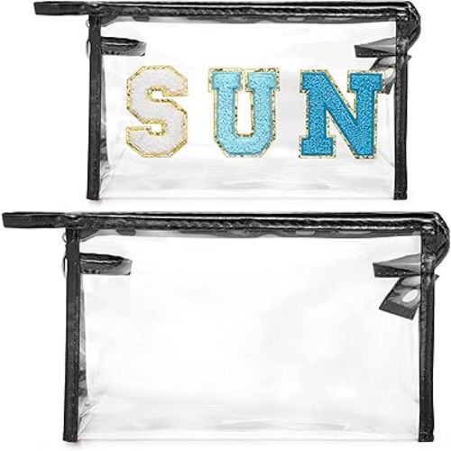 Y1tvei Clear SUN Makeup Bag - 2Pcs Preppy Blue SUN Chenille Varsity Letter Cosmetic Bag Black Large PVC Transparent Toiletry Organizer Zipper Waterproof Beach Travel Makeup Pouch for Women(Black)