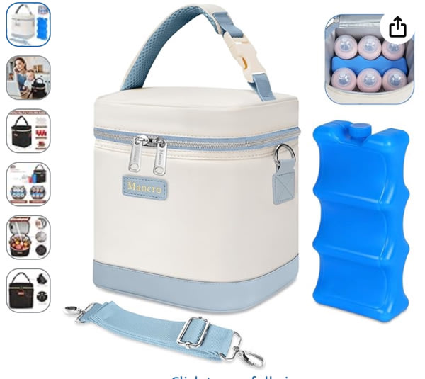 Mancro Baby Bottle Cooler Bag for Breast Milk, Includes Ice Pack, Fits 6 x 9oz Bottles, Insulated Daycare Bag for Nursing Moms, Leakproof Breastmilk Tote,Blue & Beige