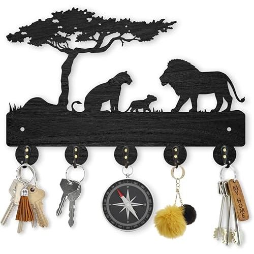 MAYJOYDIY Lion Prairie Tree Wooden Key Hooks Wall Mounted 11.8x7.9inch 5 Alloy Hooks Family Key Hanger Wildlife Animal Wall Art Decor Gift