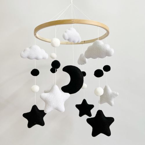 Black white baby mobile Stars moon nursery mobile Nursery decor Felt baby mobile Baby shower gift Pregnancy gift Unique baby gift Felt balls