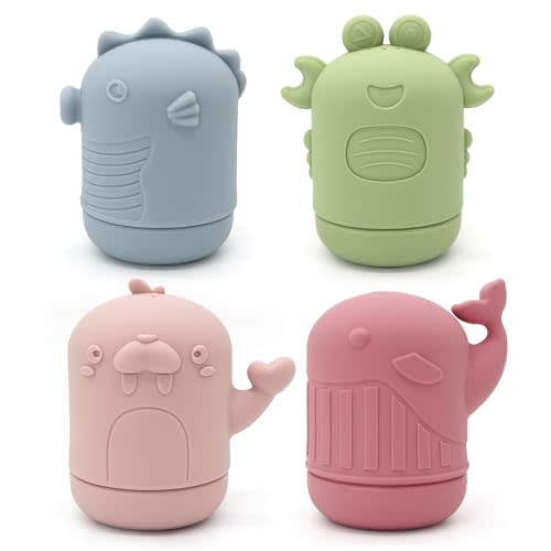 PandaEar 4 Pack Silicone Bath Toys for Babies 0-6 6-12 Months, Mold Free Bathtub Toys for Toddlers Kids Infant, Non Toxic Swimming Shower Toys for Toddlers 1-3 (A)