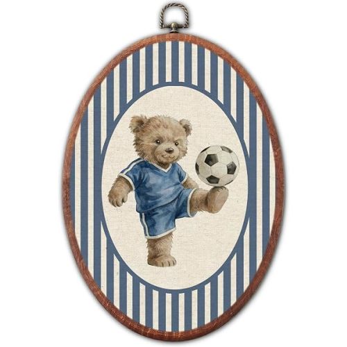 Lulavo Vintage Soccer Teddy Bear Nursery Oval Wall Art, Blue Striped Canvas Prints Framed, Retro Sports Teddy Bear Decor for Toddler Room Playroom Bedroom Hanging Decoration, 8.6 x 11.4 Inch