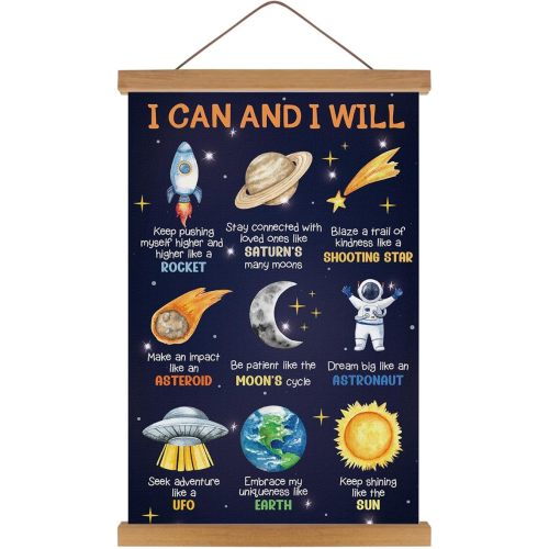 KAIRNE Outer Space Poster,I can I Will Positive Space Themed Decor,Rocket Prints Astronaut Hanging Canvas With Magnetic Hanger,Motivational Wall Art for Boys Room Bedroom Kids Classroom Decor