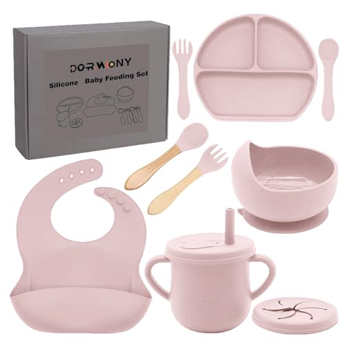 Dormlony 100% Silicone baby feeding set,BPA free Baby dishes set with Suction Bowl Divided Plate,Toddler Self Feeding Dish Set with Spoons Forks Sippy Cup And Bib, Baby Eating Utensils (Lilac)