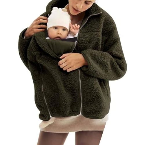 Women Fleece Zip Up 2 in 1 Baby Wearing Jacket Maternity Winter Coat Thicken Kangaroo Sweatshirt