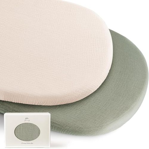 Konssy 2 Pack Muslin Bassinet Sheets for Baby Boy, 100% Cotton Soft Breathable Bassinet Mattress Sheets Fit for Hourglass Oval Cradle Rectangle Mattress (Fog Green,Cream)