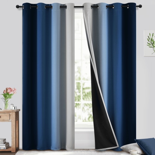 Yakamok 100% Blackout Curtains for Bedroom,Room Darkening Blue Curtains Ombre Gradient Curtains for Living Room Grommet Window Curtains,2 Panels,52x84 inch