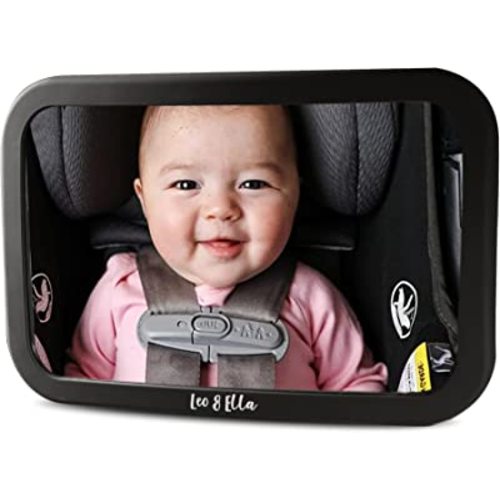 Leo and Ella Baby Car Mirror Safety First, Certified Crash Tested for Rear Facing Baby Car Seat Shatterproof Mirror with Adjustable Safety Mount Crystal Clear View of Newborn, Premium