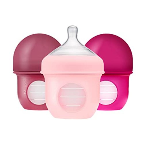 Boon Nursh Bottles - Slow Flow - Silicone Baby Bottles Help Ease Colic Symptoms - Formula and Breast Milk Only Touch Platinum Food-Safe Silicone - Pink - 0-3 Months - 3 Count - 4 Ounce