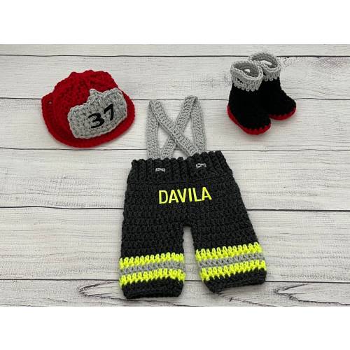 Baby Boy Firefighter Fireman Hat Outfit 4pc Crochet Pant Set w/Susp and Boots, Newborn, 0-3M, Photo Prop - MADE TO ORDER