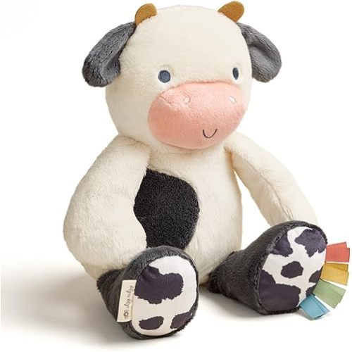 Itzy Ritzy Baby Plush Toy – Soft Stuffed Animal for Babies & Kids – Sensory Ribbons & Textured Fabrics for Tactile Play – Cozy & Cuddly Companion for Newborns & Up (Cow)