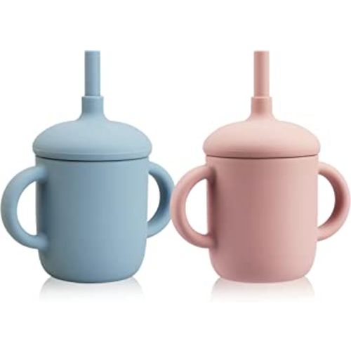 Baby Trainer Cup, (Pack of 2) Silicone Training Cup with Handles Lid and Straw, BPA-Free, Unbreakable, Spill Proof and Non-Slip Handles Sippy Cup for Toddlers, 5 oz (Blush & Ether)