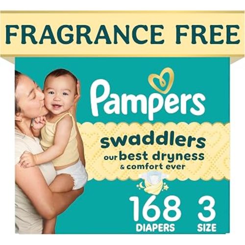 Pampers Swaddlers Diapers, Size 3 (13-26 lbs), 168 Count, Hypoallergenic, Absorbent, Keeps Baby Dry and Comfortable, Skin Safe Disposable Baby Diaper
