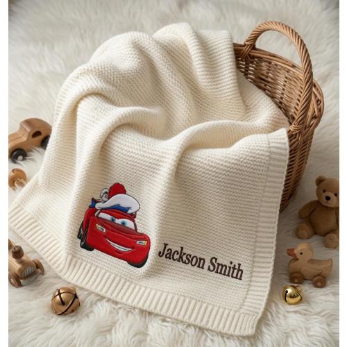 Personalized Embroidered Lightning McQueen Baby Blanket with Name - Custom Disney Cars Knit Newborn Gift, Nursery Keepsake, Baby Gift