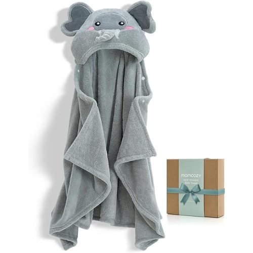 Momcozy Hooded Baby Towels-Visualize Health Label -Soft Premium Coral Fleece Bath Towel -Ultra Absorbent for Baby Cozy and Warm-Bath Essential for Newborn, Infant and Toddler(28 x 55 Inch, L x W)