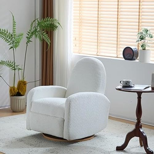 Christopher Knight Home Sidney Boucle Fabric Upholstered 360° Swivel Chair, Push-Back Recliner, Solid Wood Glider Recliner with Rotation, Living Room Lounge Chair, Adjustable Backrest, Milky White