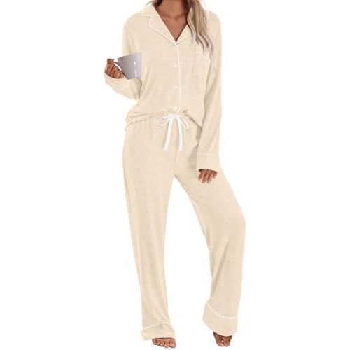 LILLUSORY Women's Long Sleeve Pajama Set - Soft Button-Down Top & Comfortable Drawstring Pants with Pockets