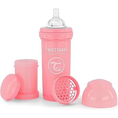 Twistshake Anti Colic Baby Bottles - Premium 260ml/8oz Bottles with 100ml Milk Storage Container for a Comfortable Feeding Experience for Baby Care - Pastel Pink